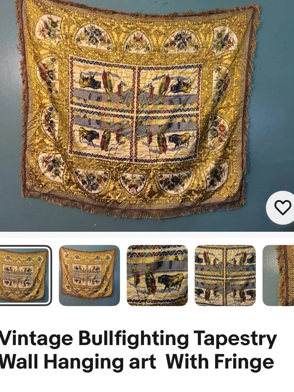 Vintage Bullfighting Tapestry Wall Hanging - Gold